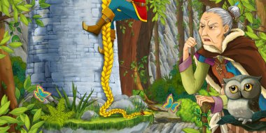 Cesur prensle baykuşun olduğu çizgi film sahnesi ve ormanda çocuklar için bir illüstrasyon.