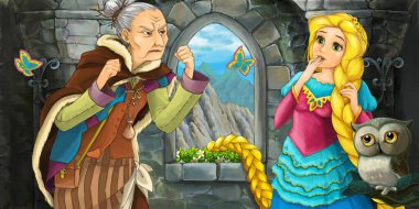 Kale odasında prensesle baykuş ve korkunç cadıyla çizgi film sahnesi - çocuklar için çizim