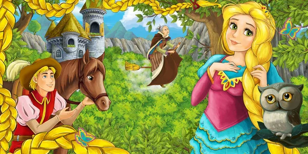 Scena Del Cartone Animato Con Gufo Con Principessa Nella Foresta — Foto Stock