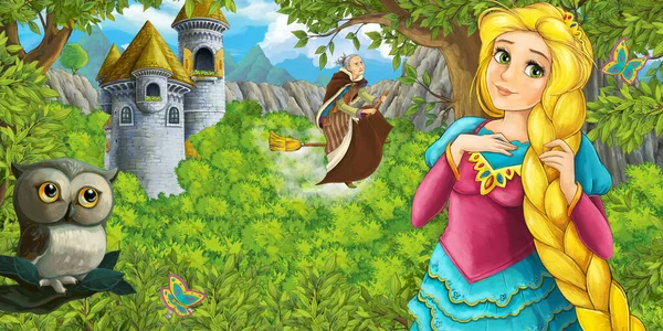 城の塔の近くの森の中の姫と空飛ぶ魔女のフクロウと漫画シーン 子供のためのイラスト — ストック写真
