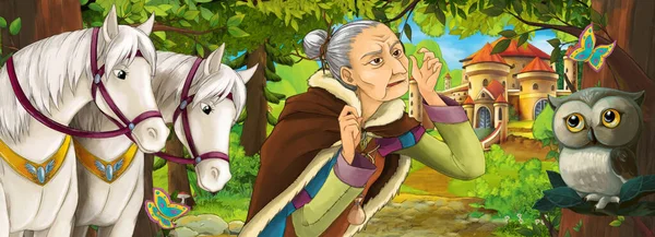 卡通片自然场景与猫头鹰和美丽的城堡靠近森林与老太婆女巫 儿童插图 — 图库照片
