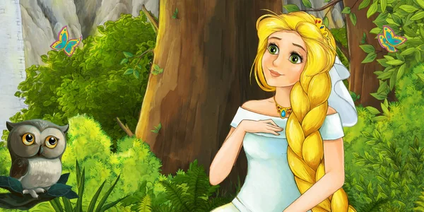 Scène Dessin Animé Avec Hibou Avec Princesse Heureuse Dans Forêt — Photo