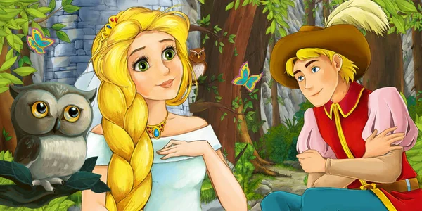 Kreslená Scéna Sovou Šťastnou Princeznou Princem Lese Cestování Ilustrace Pro — Stock fotografie
