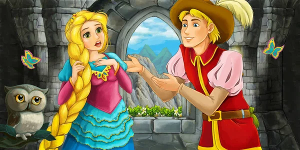 Escena Dibujos Animados Con Búho Con Príncipe Princesa Sala Del — Foto de Stock
