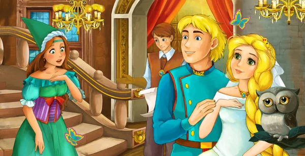 在城堡房间里 与王子和公主结婚的夫妇在一起的卡通片场景给孩子们看 — 图库照片
