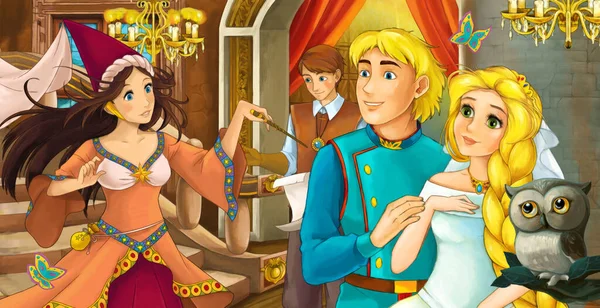 Escena Dibujos Animados Con Búho Con Príncipe Princesa Pareja Casada —  Fotos de Stock