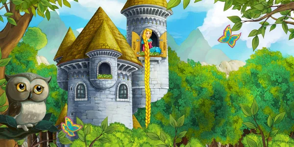 子供のための城のイラストに閉じ込められた幸せな王女とフクロウと漫画シーン — ストック写真