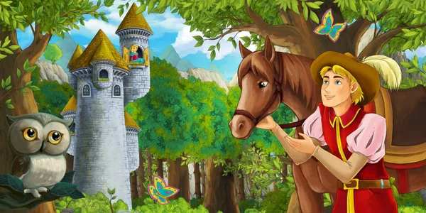 Kreslená Scéna Sovou Princem Cestě Koni Projíždějící Lesem Ilustrace Pro — Stock fotografie