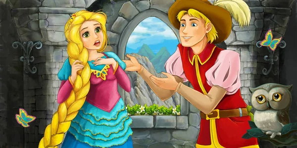 城堡塔里有猫头鹰和王子的卡通片 为孩子们提供公主插图 — 图库照片