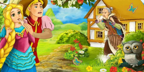 Escena Dibujos Animados Con Búho Con Príncipe Princesa Huerto Granja — Foto de Stock