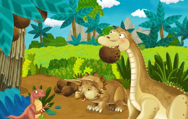 Escena Dibujos Animados Con Dinosaurios Diplodocus Apatosaurios Derribando Cocos Fondo — Foto de Stock