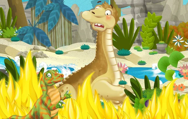 Cena Dos Desenhos Animados Com Dinossauro Selva Ilustração Para Crianças — Fotografia de Stock