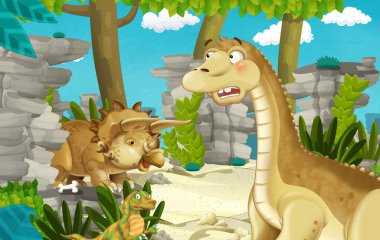 Dinozor apatosaurus diplodocus ile birlikte ormanda başka bir dinozorun olduğu karikatür sahnesi - çocuklar için çizim