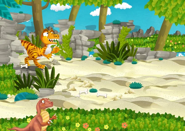 Cartoon Scene Met Dinosaurus Jungle Natuur Achtergrond Illustratie Voor Kinderen — Stockfoto