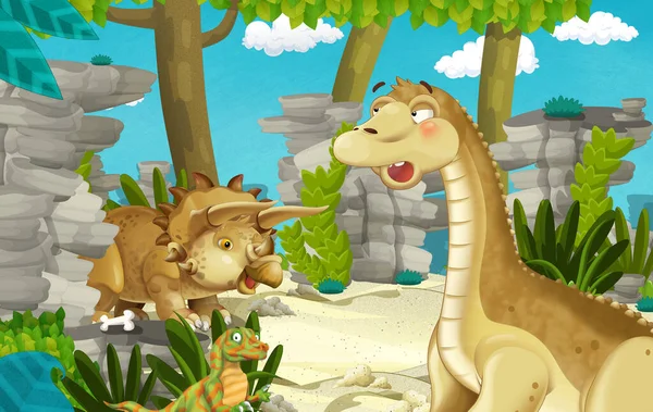 Scena Kreskówki Dinozaurami Apatosaurus Diplodocus Innymi Dinozaurami Dżungli Ilustracja Dla — Zdjęcie stockowe