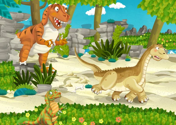 Cena Dos Desenhos Animados Com Dinossauro Apatosaurus Diplodocus Fugindo Algum — Fotografia de Stock
