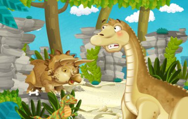Dinozor apatosaurus diplodocus ile birlikte ormanda başka bir dinozorun olduğu karikatür sahnesi - çocuklar için çizim