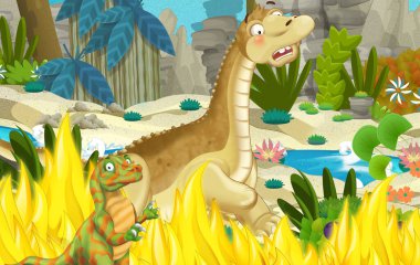 Ormandaki dinozorla çizgi film sahnesi - çocuklar için çizim