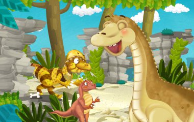 Dinozor apatosaurus diplodocus ile birlikte ormanda başka bir dinozorun olduğu karikatür sahnesi - çocuklar için çizim