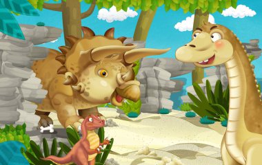 Dinozor apatosaurus diplodocus ile birlikte ormanda başka bir dinozorun olduğu karikatür sahnesi - çocuklar için çizim