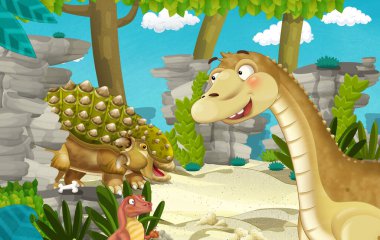 Dinozor apatosaurus diplodocus ile birlikte ormanda başka bir dinozorun olduğu karikatür sahnesi - çocuklar için çizim