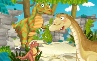 Dinozor apatosaurus diplodocus ile birlikte ormanda başka bir dinozorun olduğu karikatür sahnesi - çocuklar için çizim