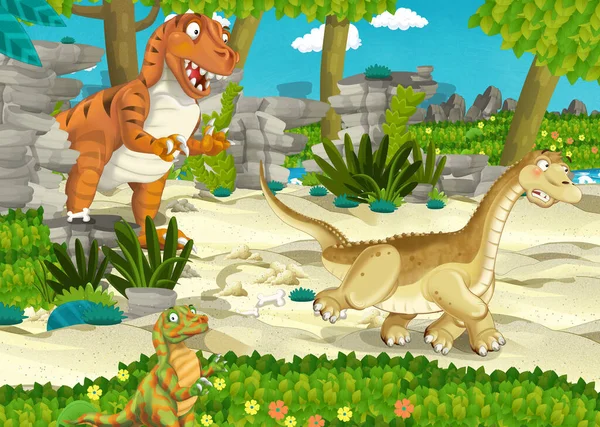 Cena Dos Desenhos Animados Com Dinossauro Apatosaurus Diplodocus Fugindo Algum — Fotografia de Stock