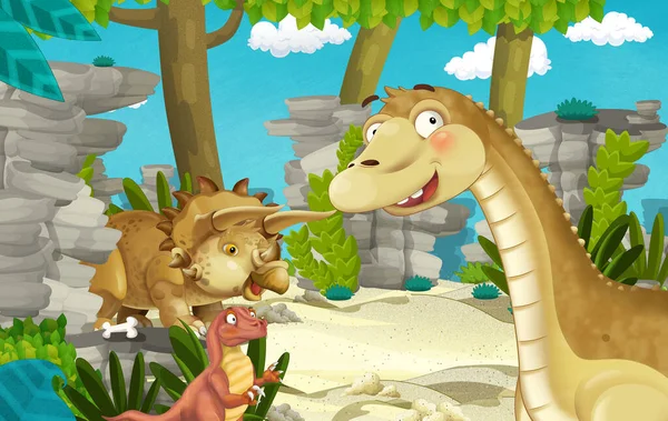Escena Dibujos Animados Con Dinosaurio Apatosaurus Diplodocus Con Algún Otro — Foto de Stock