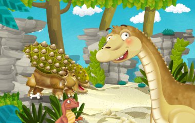 Dinozor apatosaurus diplodocus ile birlikte ormanda başka bir dinozorun olduğu karikatür sahnesi - çocuklar için çizim