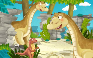 Dinozor apatosaurus diplodocus ile birlikte ormanda başka bir dinozorun olduğu karikatür sahnesi - çocuklar için çizim