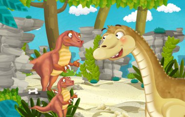 Dinozor apatosaurus diplodocus ile birlikte ormanda başka bir dinozorun olduğu karikatür sahnesi - çocuklar için çizim