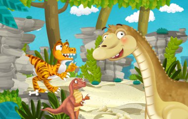 Dinozor apatosaurus diplodocus ile birlikte ormanda başka bir dinozorun olduğu karikatür sahnesi - çocuklar için çizim