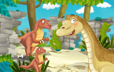 Dinozor apatosaurus diplodocus ile birlikte ormanda başka bir dinozorun olduğu karikatür sahnesi - çocuklar için çizim