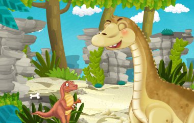 Ormandaki dinozor apatosaurus diplodocus 'un olduğu çizgi film sahnesi - çocuklar için illüstrasyon