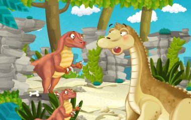Dinozor apatosaurus diplodocus ile birlikte ormanda başka bir dinozorun olduğu karikatür sahnesi - çocuklar için çizim