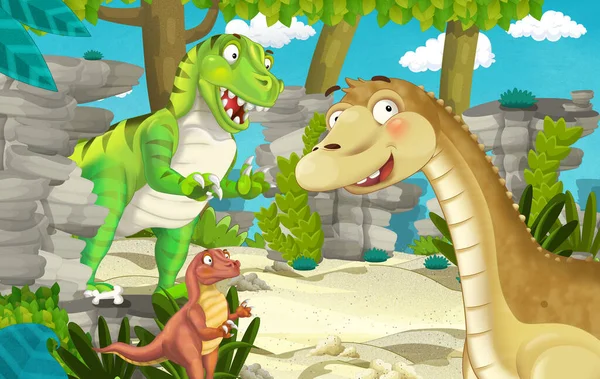 Cena Dos Desenhos Animados Com Dinossauro Apatosaurus Diplodocus Com Alguns — Fotografia de Stock