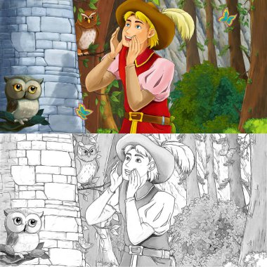 Baykuşla prensin ormanda at sürdüğü karikatür sahnesi - çocuklar için illüstrasyon