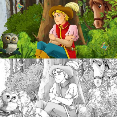 Baykuşla prensin ormanda at sürdüğü karikatür sahnesi - çocuklar için illüstrasyon