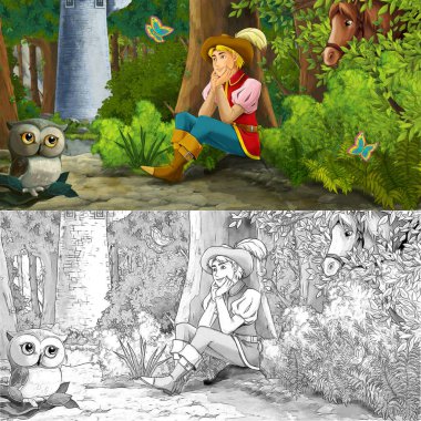 Baykuşla prensin ormanda at sürdüğü karikatür sahnesi - çocuklar için illüstrasyon