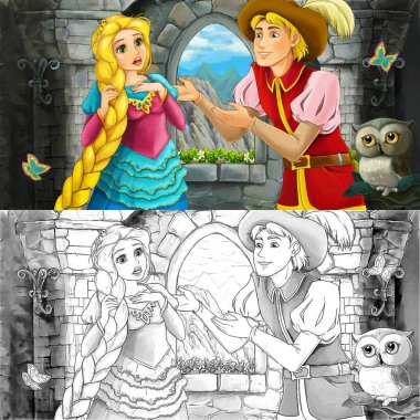Kale kulesinde baykuşla karikatür sahnesi. Çocuklar için prenses çizimi.