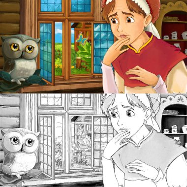 Çiftçinin ebeveynleri ve eşinin konuştuğu çizgi film sahnesi - çocuklar için illüstrasyon