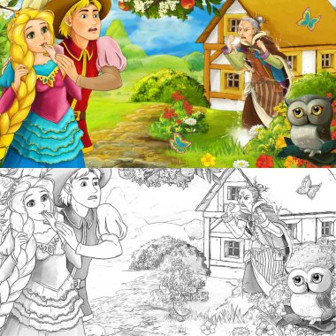 Baykuşla çizgi film sahnesi. Prens ve prensesle birlikte çiftliğin bahçesinde çocuklar için çizim yaparken.