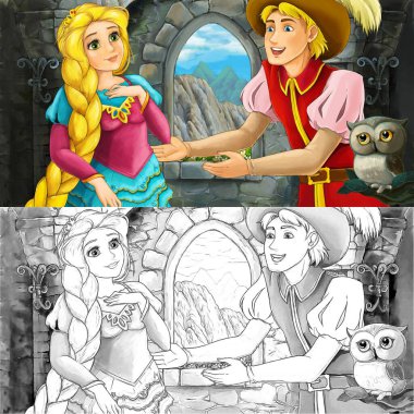 Kale kulesinde baykuşla karikatür sahnesi. Çocuklar için prenses çizimi.