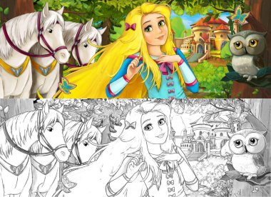 Ormanın yakınındaki güzel şatosu olan baykuşlu, genç ve güzel prensesi ve atları olan bir çizgi roman sahnesi. Çocuklar için bir illüstrasyon.