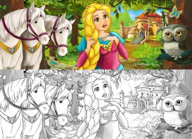 Baykuş sahnesiyle çizgi film sahnesi. Ormanın yakınındaki güzel şatoda güzel genç prenses ve atlar. Çocuklar için illüstrasyon.