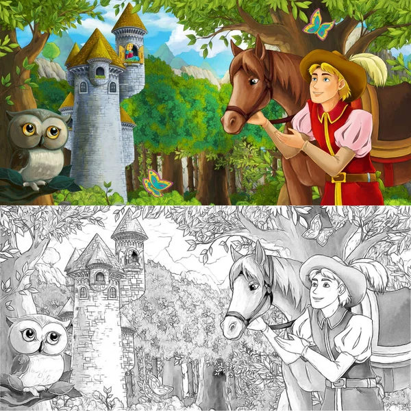 Cartoon Scene Owl Prince Journey Horse Riding Forest Illustration Children — Stock Photo, Image