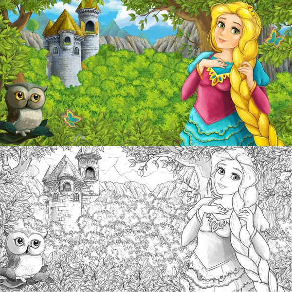 cartoon scene with owl with princess in the forest near castle tower and flying witch - illustration for children