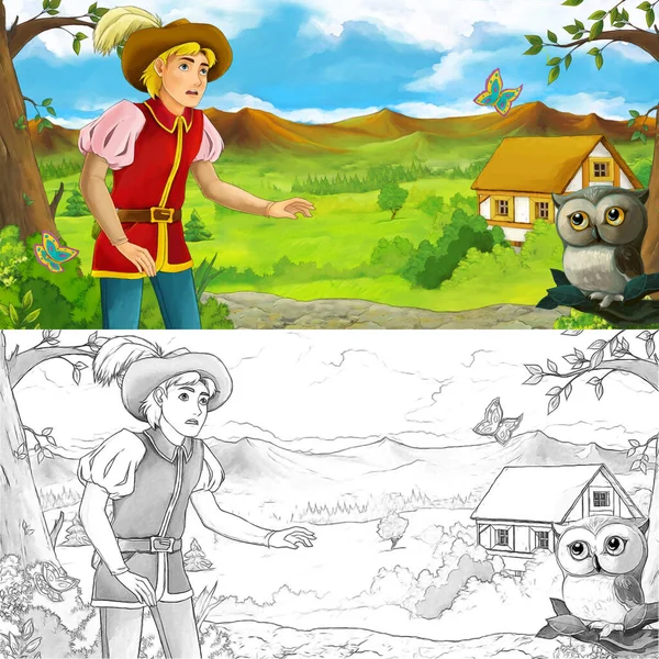 Cartoon Scene Owl Prince Farm Ranch Traveling Illustration Children — Stock Photo, Image