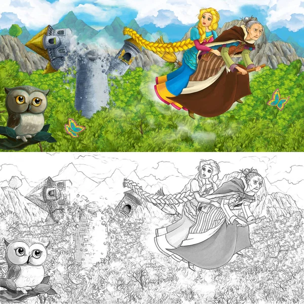 Escena Dibujos Animados Con Búho Con Princesa Bruja Aterradora Volando — Foto de Stock