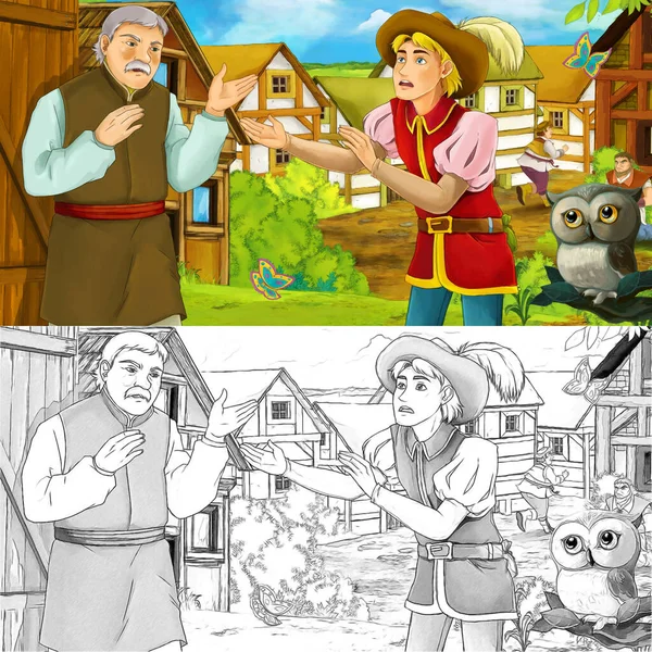 牧場の王子とフクロウが子供のためのいくつかの農家のイラストと話をする漫画シーン — ストック写真